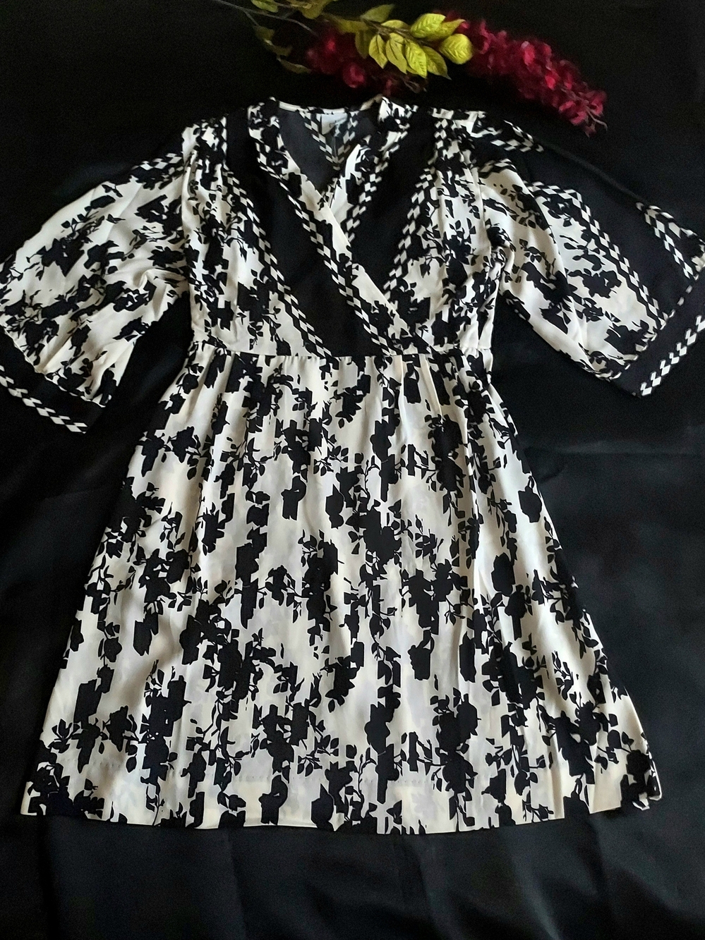 CAbi Black and White Floral Wrap Midi Dress with Puff Sleeves